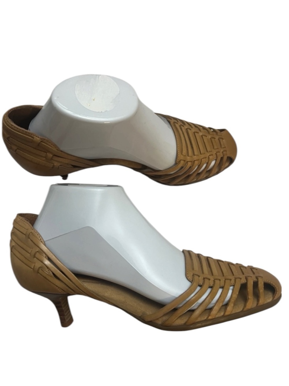 Aerosoles Tan Leather Woven Huarache Kitten Heel Sandal 8.5 Closed Back Peep Toe